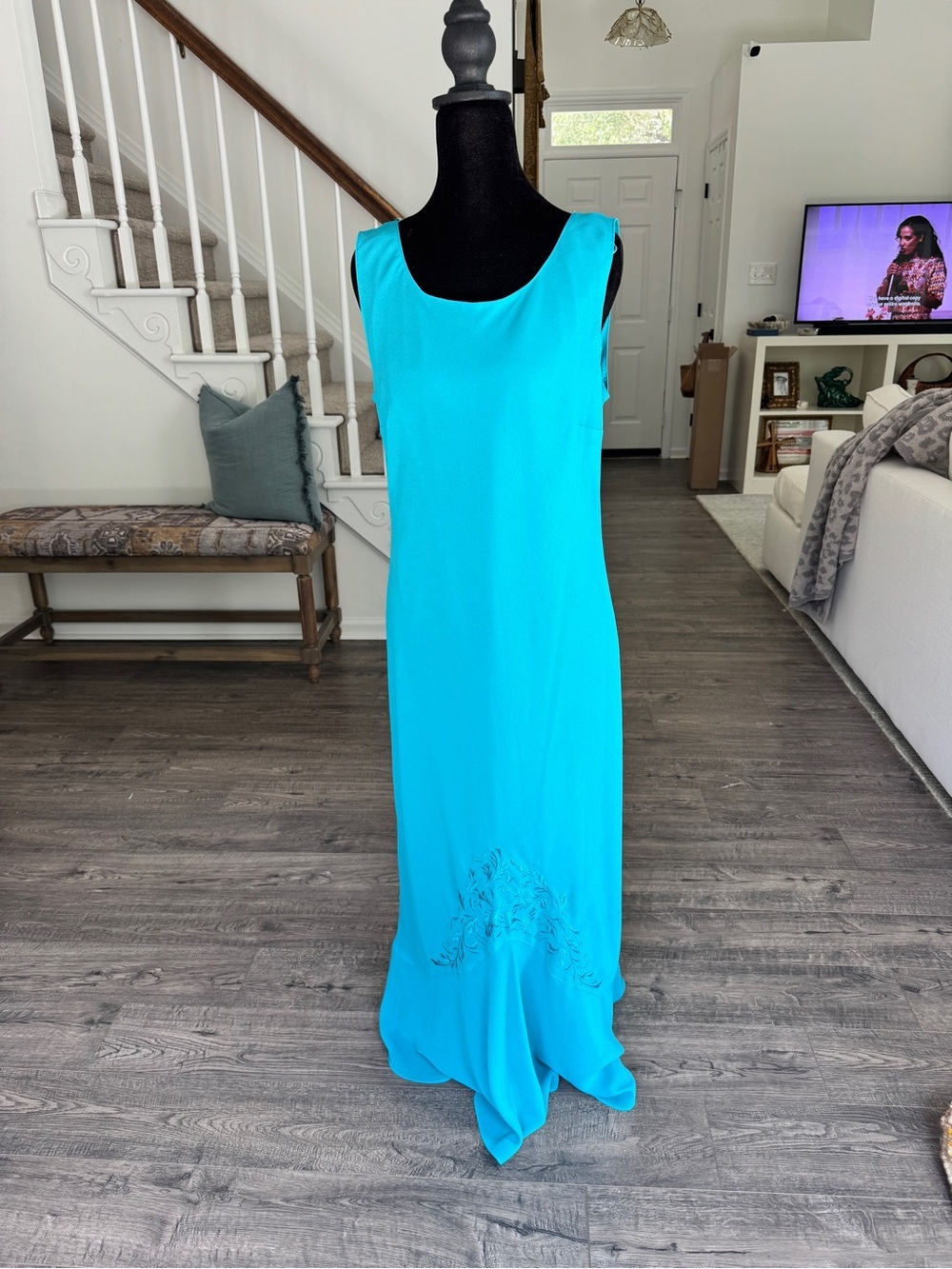 Sleeveless Turquoise Maxi Dress with Subtle Embroidery